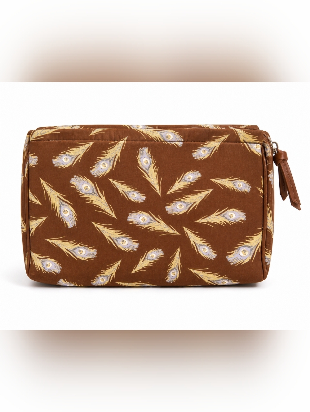 Liz‎ Claiborne Brown Peacock Feather Print Cosmetic Makeup Bag Zipper Pouch